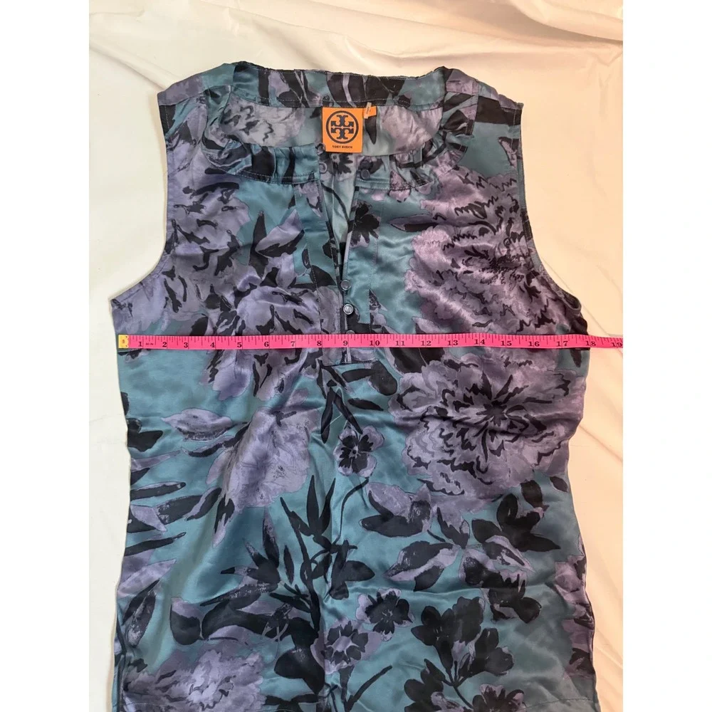 Tory Burch Teal Purple Floral Silk Blend Sleeveless Ruffle‎ Neck Blouse Size 6